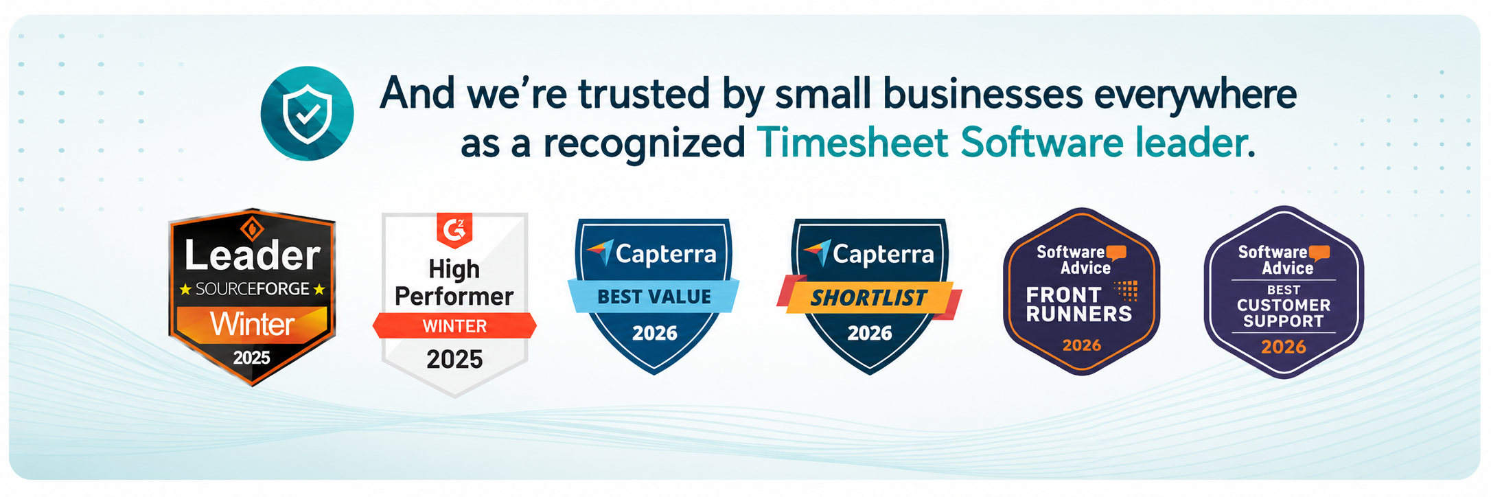 Timesheets.com software awards from SourceForge, G2, Capterra, and Software Advice for leadership, value, performance, and customer support.