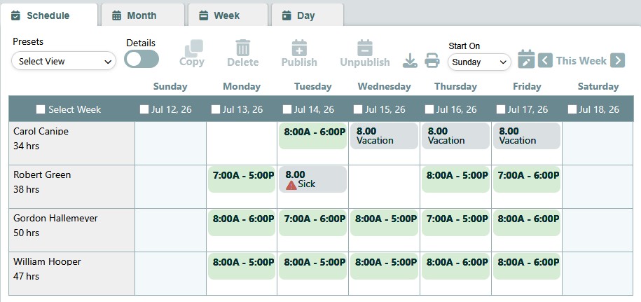 Employee work schedule showing vacation and sick time alongside scheduled shifts
