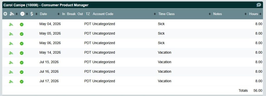 Employee PTO report showing vacation and sick time entries with dates and hours
