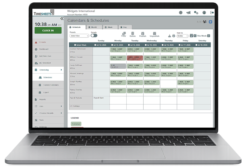 Timesheets.com employee scheduling calendar displayed on a laptop with weekly shifts and time-off entries