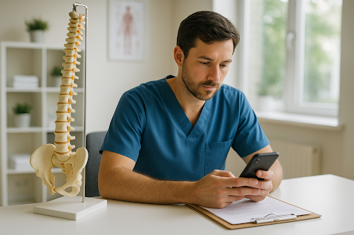 Chiropractor using mobile time tracking software in a clinic to clock in hours.