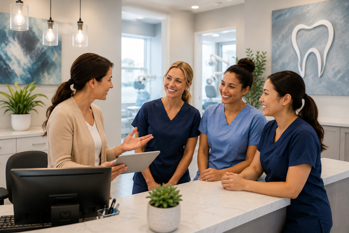 Dentist and staff discussing time tracking