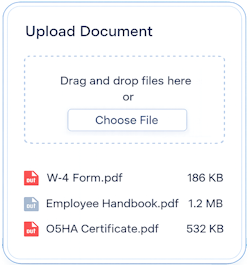 Employee profile with uploaded HR forms, handbook, and OSHA certificate
