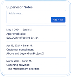 Supervisor notes recording employee raises, compliments, and coaching conversations