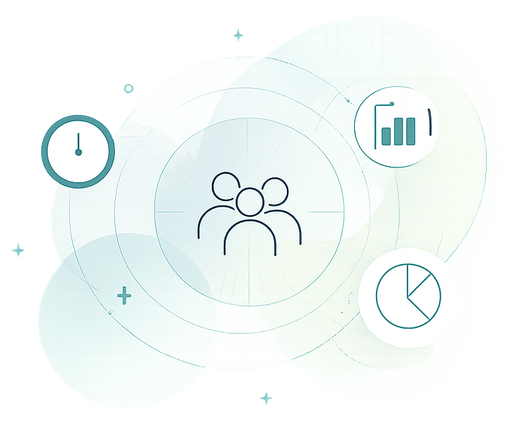 Abstract partnership graphic showing people, time, analytics, and reporting icons