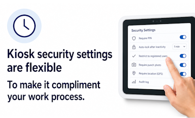 Timesheets.com kiosk security settings displayed on a tablet