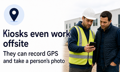 Construction workers using a mobile Timesheets.com kiosk with GPS and photo verification
