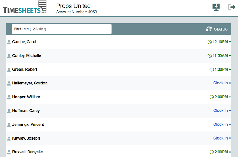 Timesheets.com kiosk displaying employee names, clock-in status, and scheduled start times