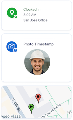 Mobile employee clock-in with GPS location, photo timestamp, and map verification
