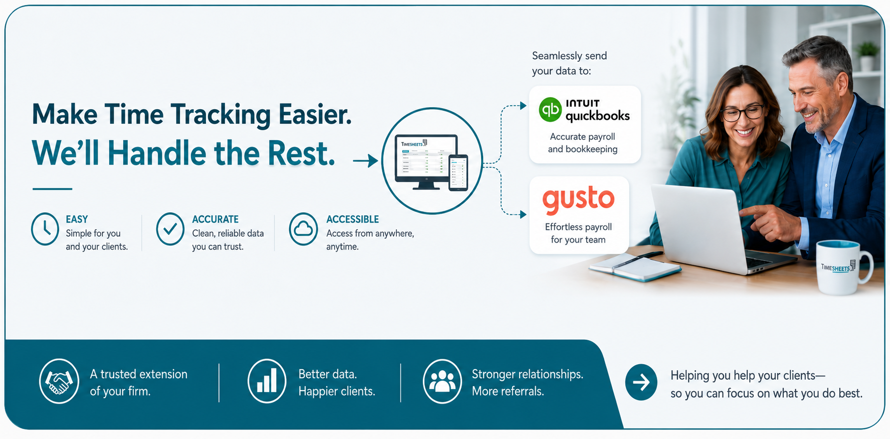 Timesheets.com ProPartner program graphic showing time tracking, QuickBooks and Gusto integrations, and two business professionals
