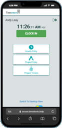 Timesheets.com mobile time clock screen with clock in, hourly time, project time, and expense entry options