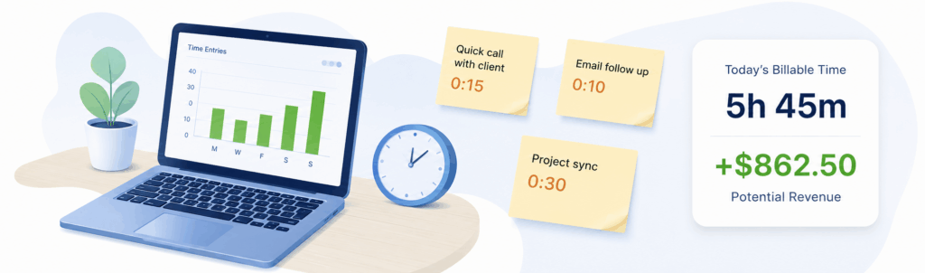Billable time tracking dashboard showing captured work, daily hours, and potential revenue
