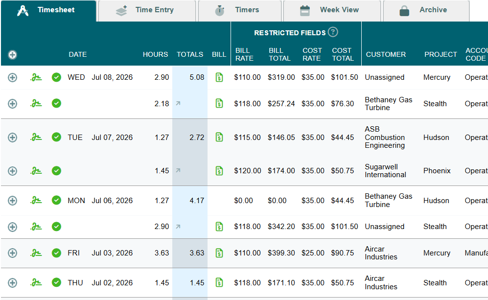 Timesheets.com project timesheet showing billable hours, billing rates, labor costs, customers, projects, and account codes
