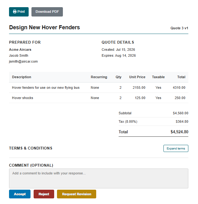 Online customer quote with line items, pricing, terms, comments, and acceptance options