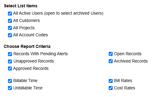 Timesheets.com custom report filters for users, customers, projects, account codes, record status, billing, and cost data