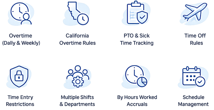 Timesheets.com compliance features for overtime, California rules, PTO, time-off policies, entry restrictions, departments, accruals, and scheduling