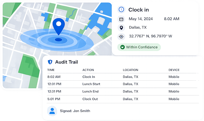 Timesheets.com GPS time tracking showing a clock-in location, coordinates, confidence status, device, signature, and audit trail