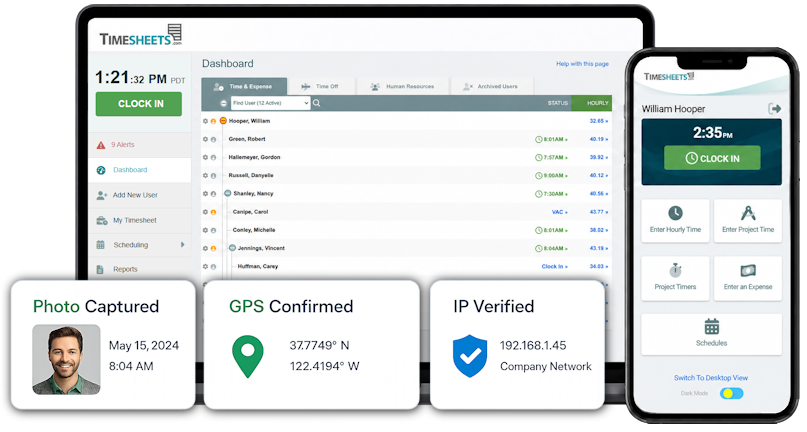 Timesheets.com security features showing employee photo capture, GPS confirmation, and IP address verification for secure time tracking.